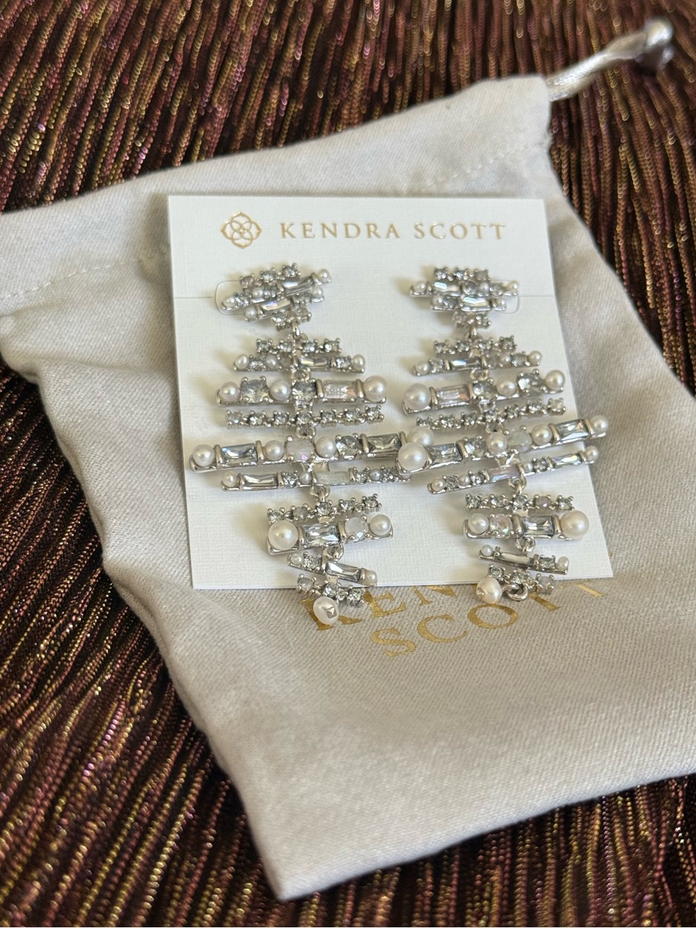 Kendra Scott Madeline Statement Silver and Pearl Chandelier Earrings Rhodium